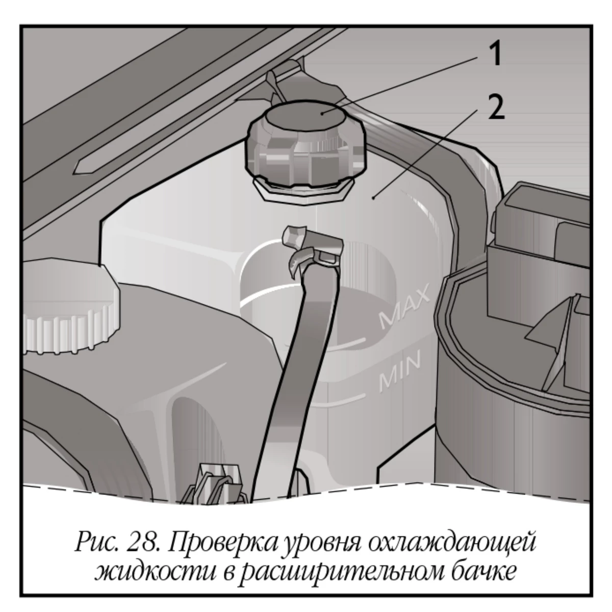 Проверка уровня охлаждающей жидкости в расширительном бачке автомобиля Chevrolet Niva