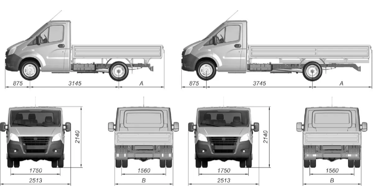 Основные размеры автомобиля GAZel Next A21R22/A21R23/A21R32/A21R33