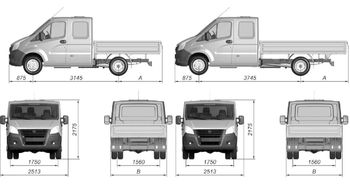 Основные размеры автомобиля GAZel Next A22R22/A22R23/A22R32/A22R33