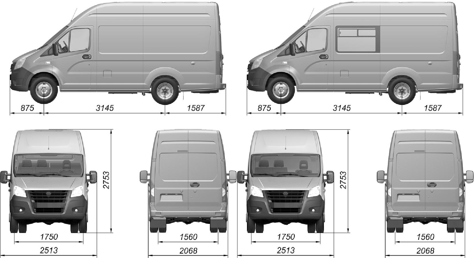 Основные размеры автомобиля GAZel Next A31R22/A31R23/A32R22/A32R23
