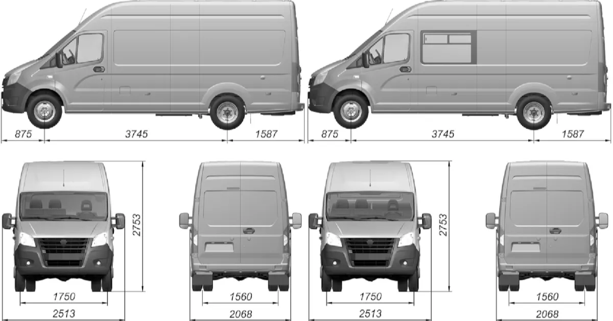 Основные размеры автомобиля GAZel Next A31R32/A31R33/A32R32/A32R33