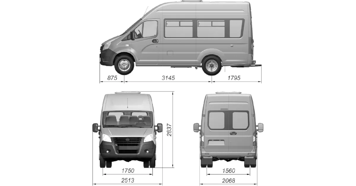 Основные размеры автомобиля GAZel Next А65R22, A65R23
