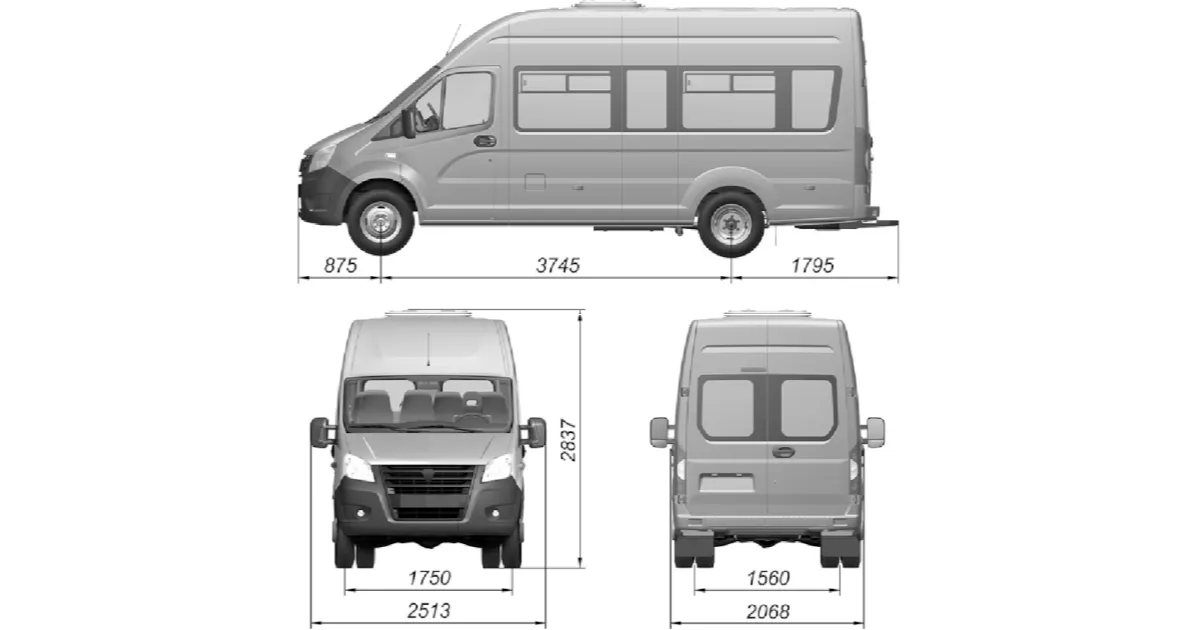 Основные размеры автомобиля GAZel Next А65R32, A65R33, A62R32, A62R33