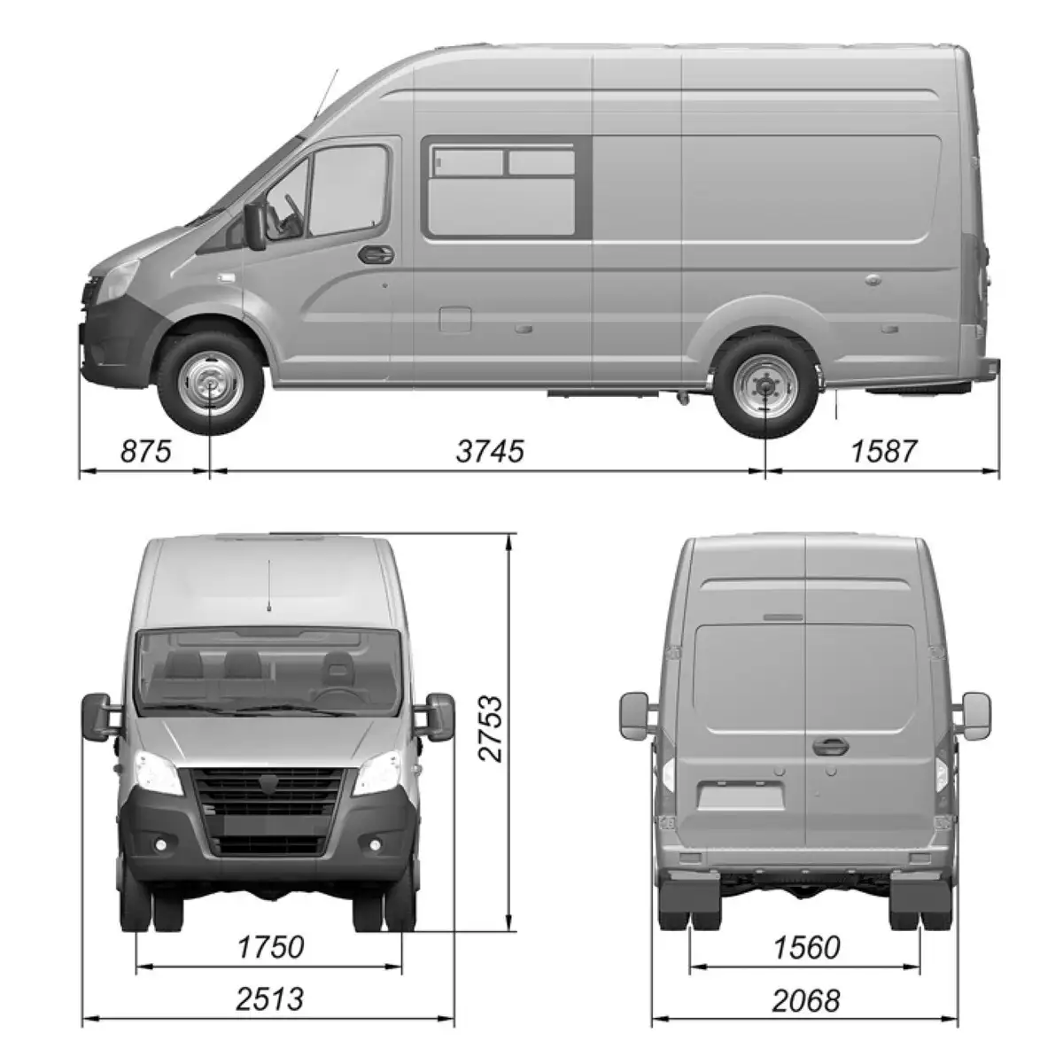 Основные размеры автомобиля GAZel Next А32R32, A32R33, C46R92