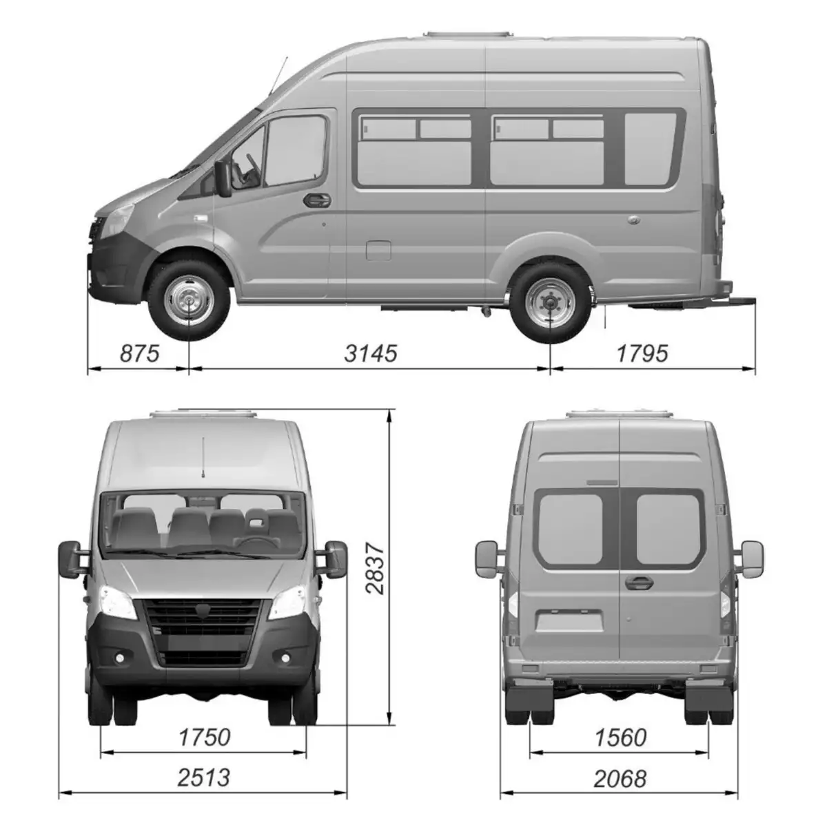 Основные размеры автомобиля GAZel Next А65R22, A65R23