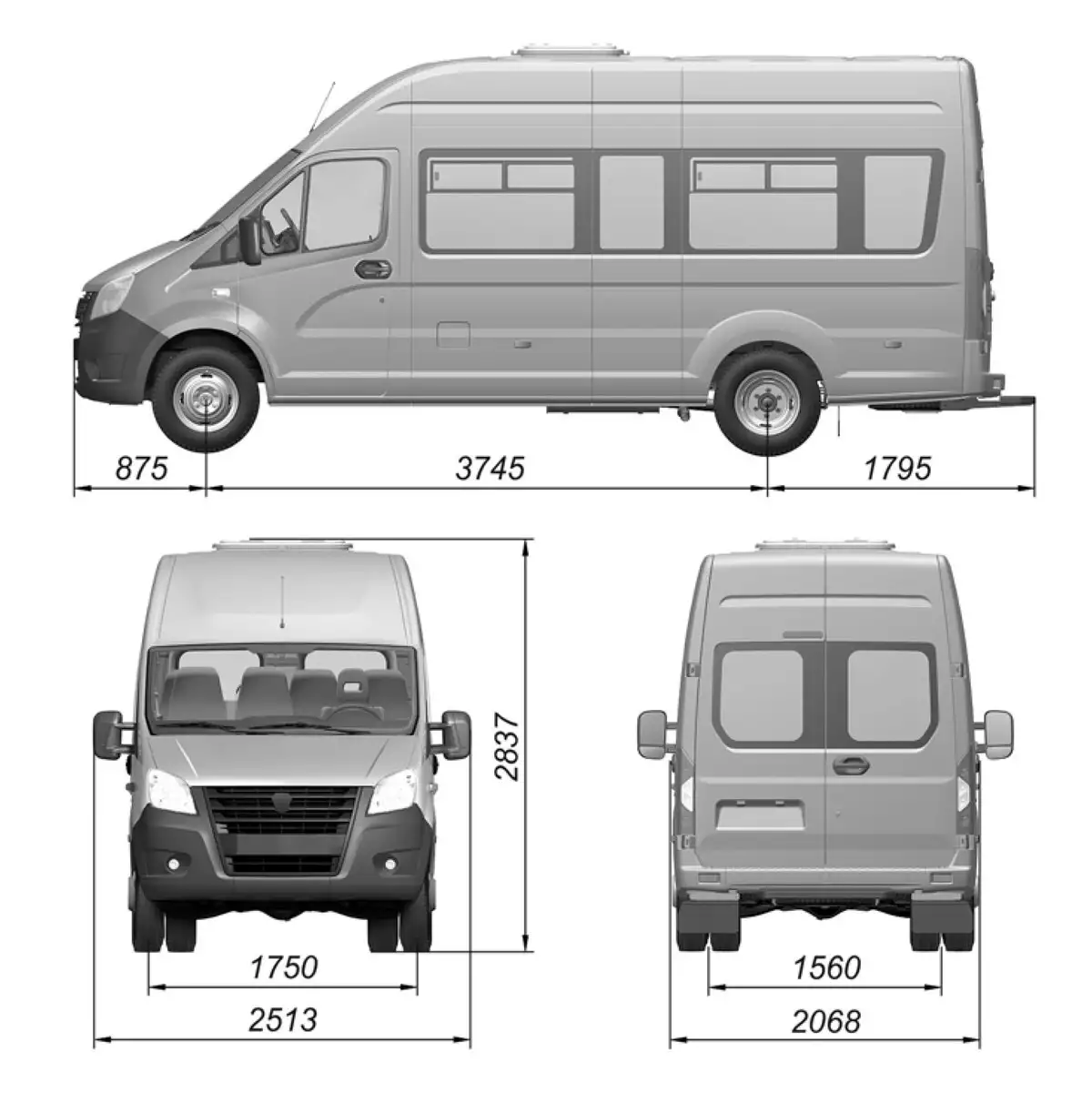 Основные размеры автомобиля GAZel Next А65R32, A65R33, A62R32, A62R33