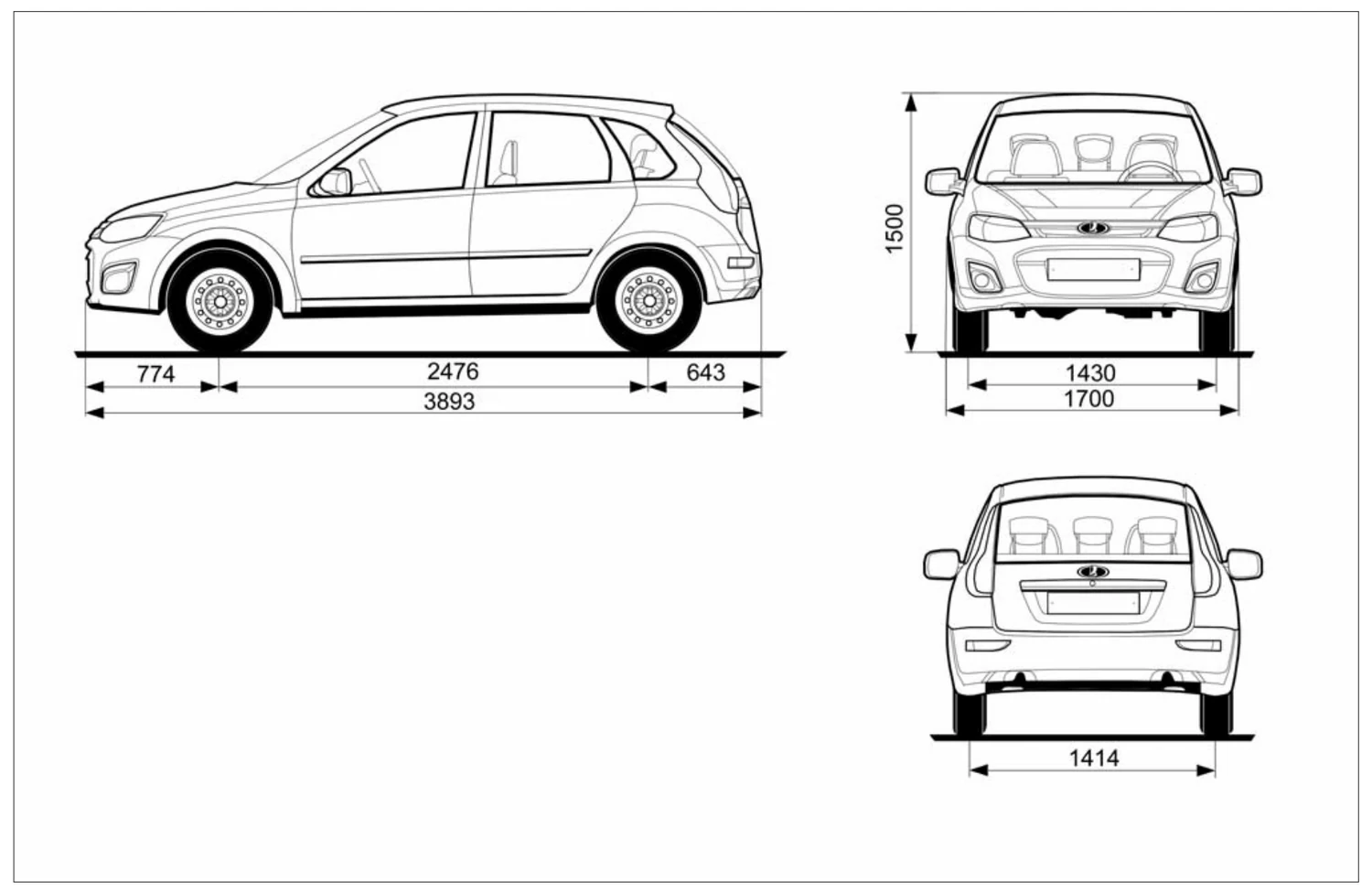 Рис. 70. Габаритные (справочные) размеры автомобиля с кузовом «хэтчбек»