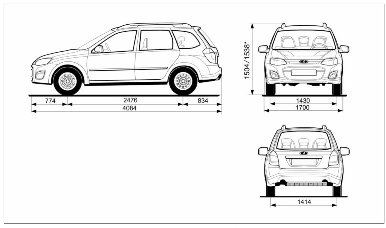 Рис. 71. Габаритные (справочные) размеры автомобиля с кузовом «универсал»