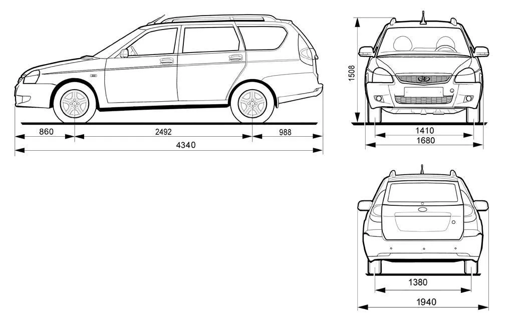 Рис. 95. Габаритные размеры автомобиля ВАЗ-2171 (универсал)