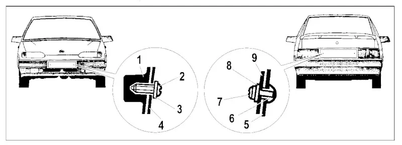 Схема установки переднего и заднего номерных знаков на ВАЗ-2113 и ВАЗ-2114 (рис. 31)