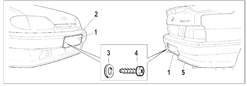 Схема крепления переднего и заднего номерных знаков на ВАЗ-2115 с использованием самонарезающих винтов и шайб (рис. 30)