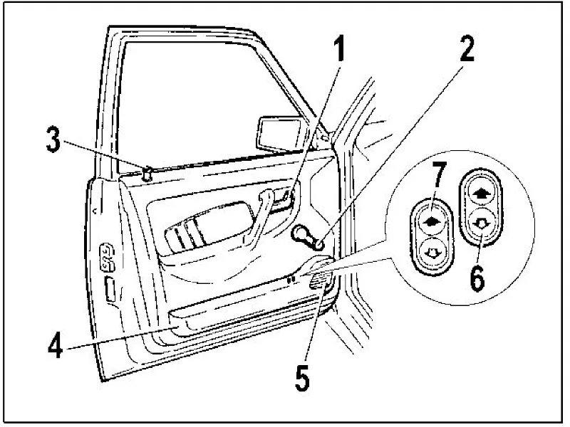 Передняя дверь автомобиля Lada Samara: вид снаружи с рукояткой открывания и кнопкой блокировки