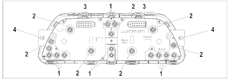 Схема комбинации приборов Lada Samara (вид сзади): 1 — контрольная лампа, 2 — лампа освещения, 3 — колодки, 4 — проушины
