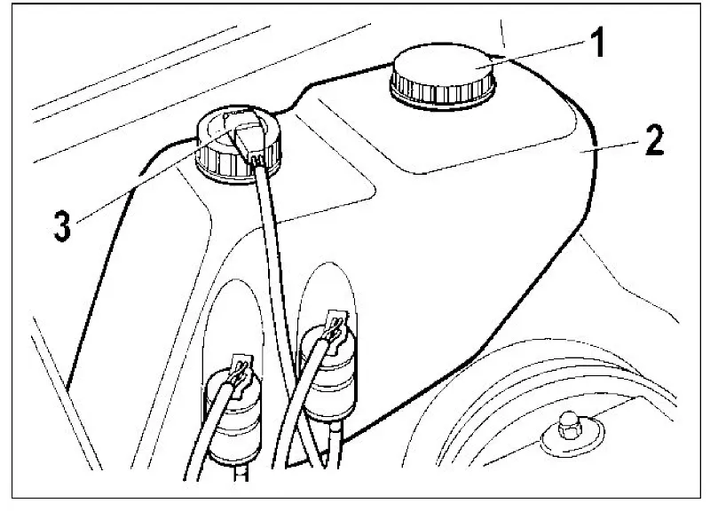 Рис. 37. Бачки омывателя стекол с обозначением пробки (1), бачка омывателя (2) и датчика уровня (3)