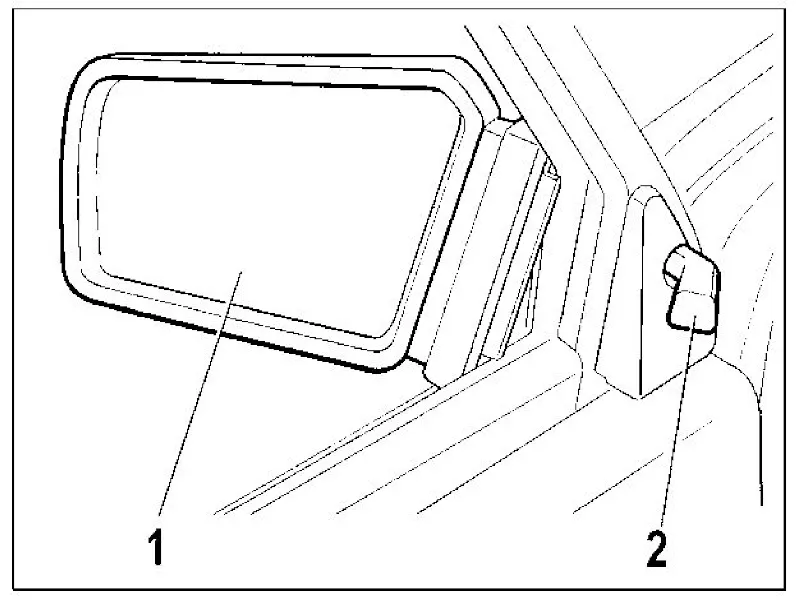 Регулировка положения наружного зеркала: рукоятка регулировки и само зеркало