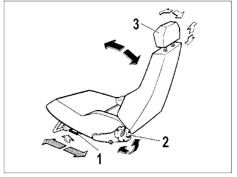 Рис. 5. Переднее сиденье автомобиля Lada Samara: показаны элементы регулировки — блокирующий рычаг, рукоятка наклона спинки и подголовник