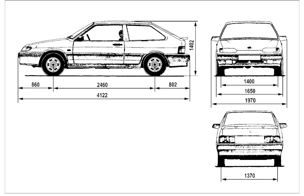 Рис. 52. Габаритные размеры (справочные) автомобиля ВАЗ‑2113 и его исполнений: длина 4122 мм, ширина 1650 мм, высота 1402 мм