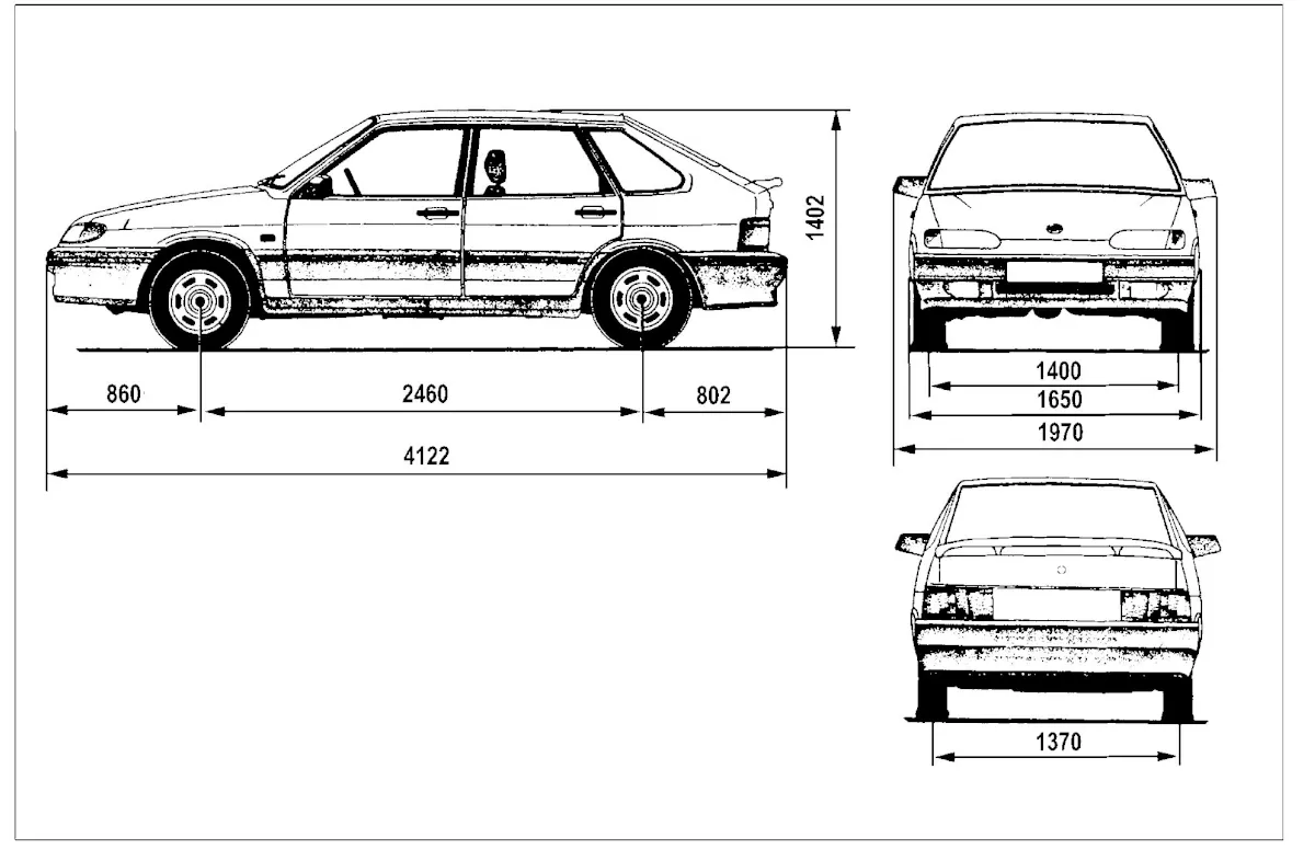 Рис. 53. Габаритные размеры (справочные) автомобиля ВАЗ‑2114 и его исполнений: длина 4122 мм, ширина 1650 мм, высота 1402 мм