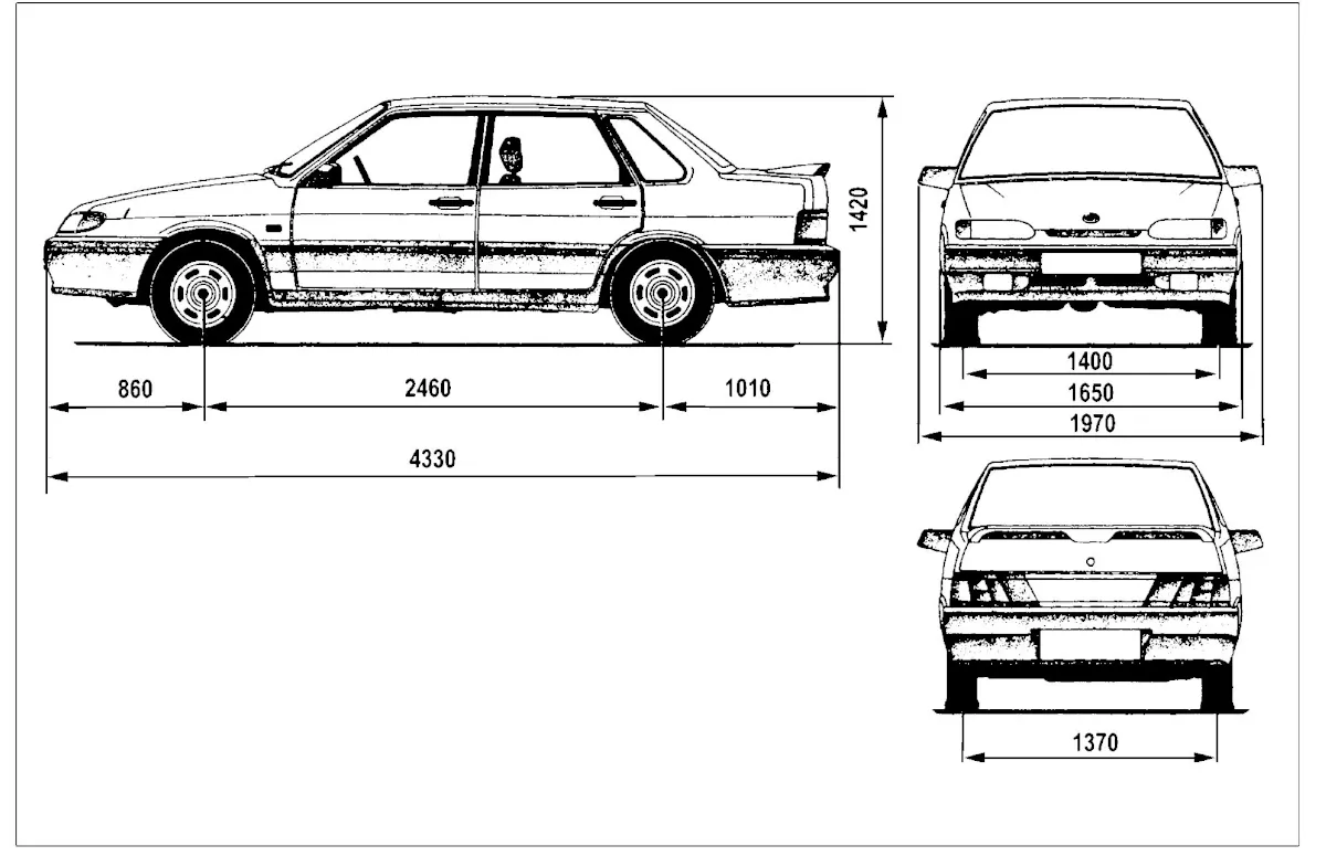 Рис. 54. Габаритные размеры (справочные) автомобиля ВАЗ‑2115 и его исполнений: длина 4330 мм, ширина 1650 мм, высота 1420 мм
